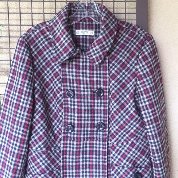 {Romy}Sz Large Wool Blend Plaid Peacoat - Picture 3 of 7